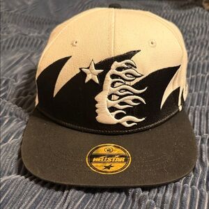 Black and White hellstar Mitchell ness Hat with Flame Design